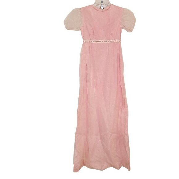 Vintage Girls Dress M Handmade Sheer Flocked Polka Dot Pink Nylon Short Sleeve - Picture 1 of 6